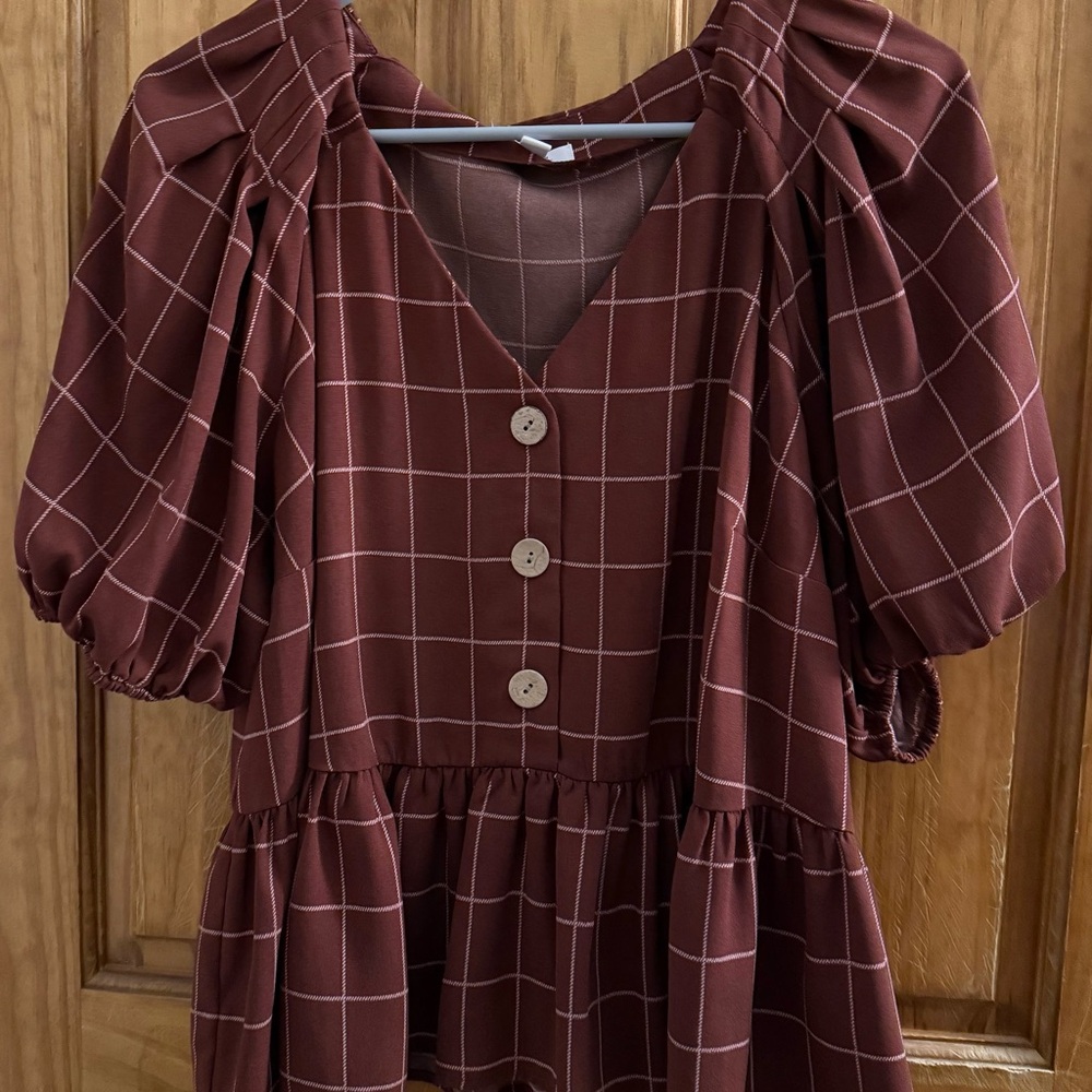 LC Lauren Conrad Maroon Windowpane Button-Front Peplum Tunic